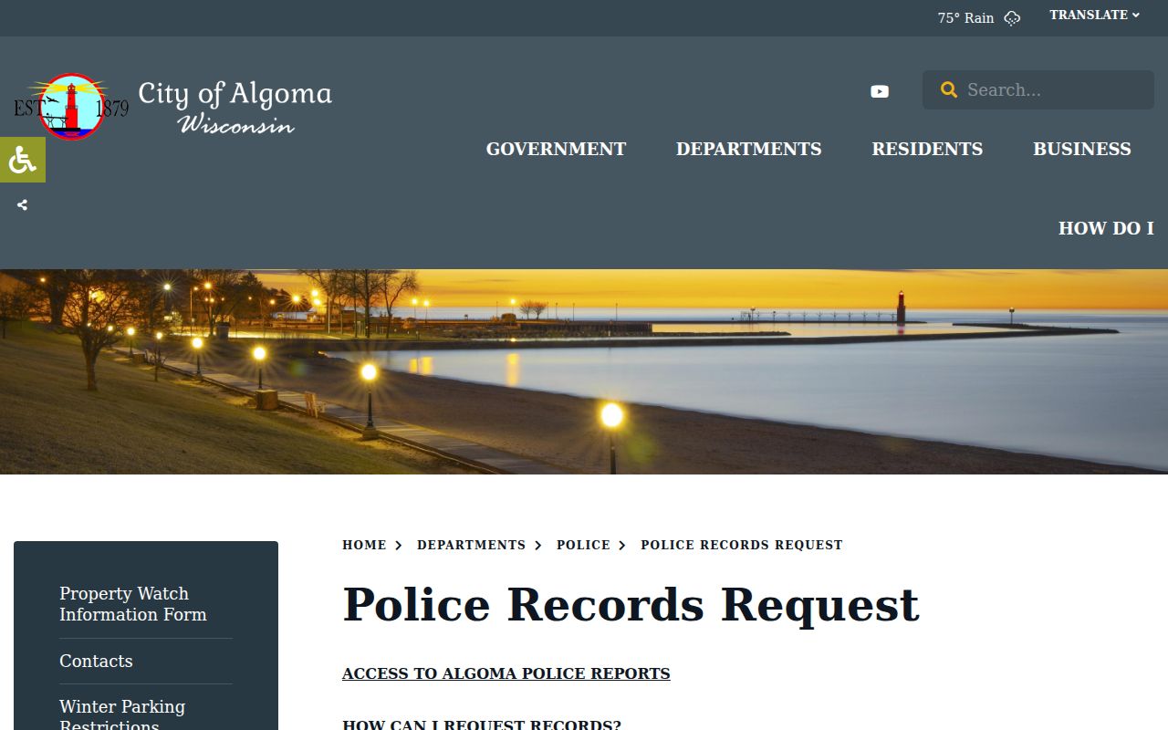 Kewaunee County arrest search Algoma police records request instructions
