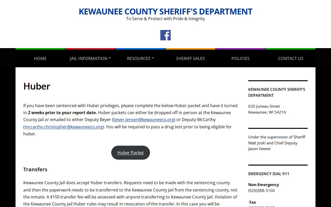 Kewaunee County arrest records Huber and electronic monitoring page