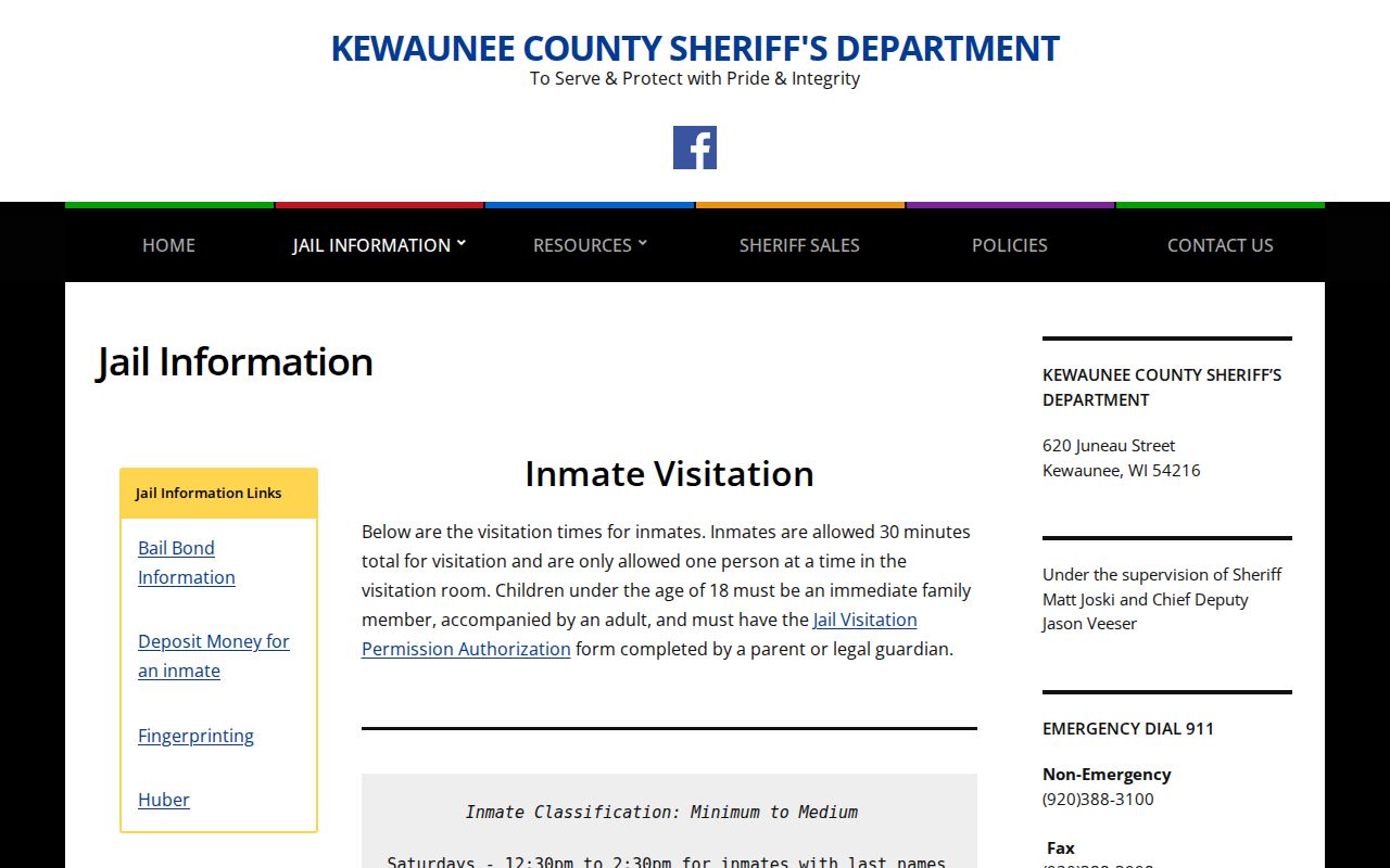 Kewaunee County arrest records jail phone and visitation page