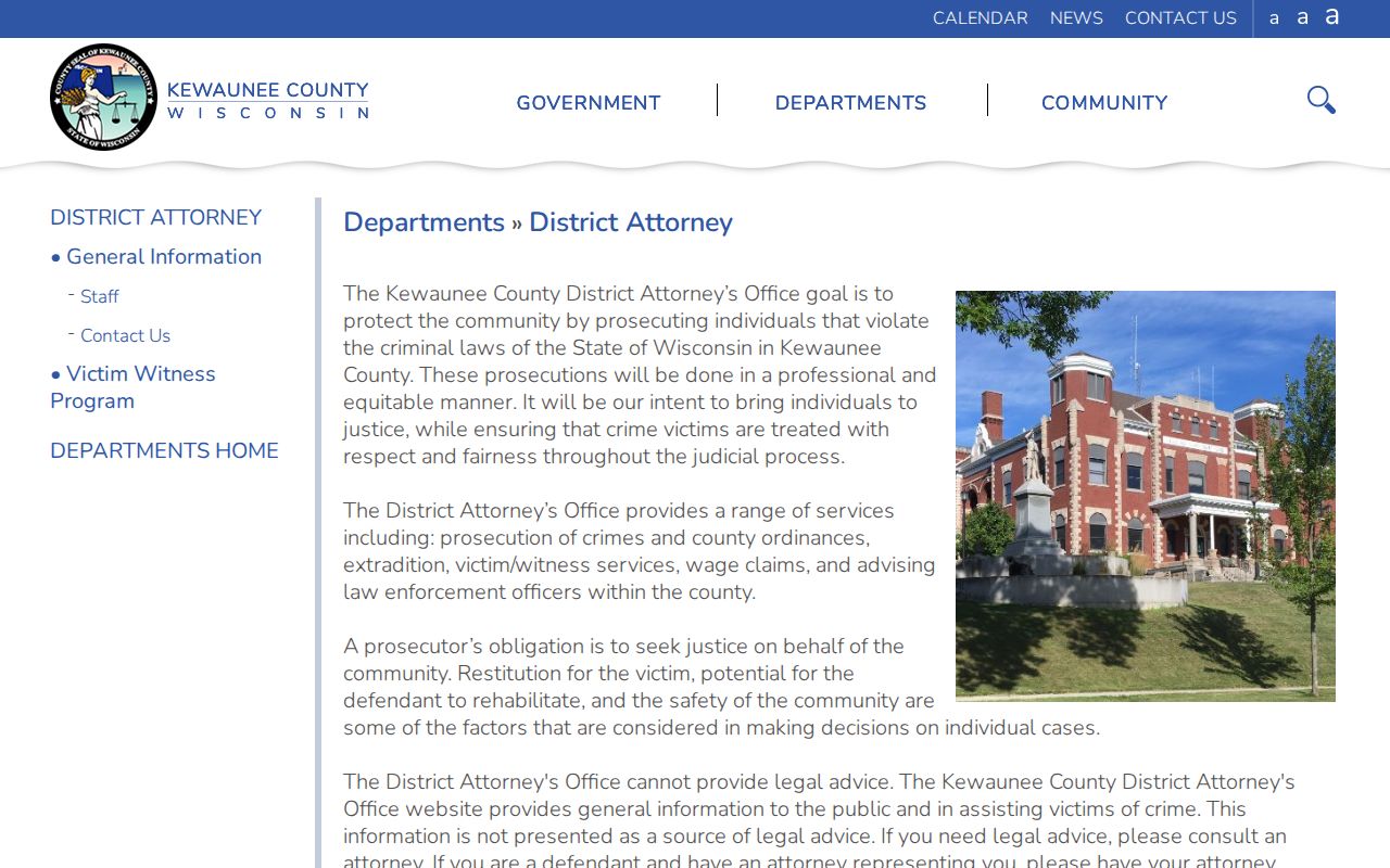 Kewaunee County criminal court case District Attorney office page