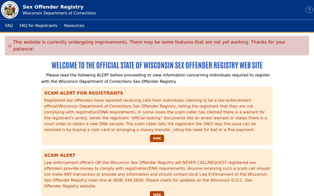 Kewaunee County sex offender registry search on the Wisconsin DOC portal